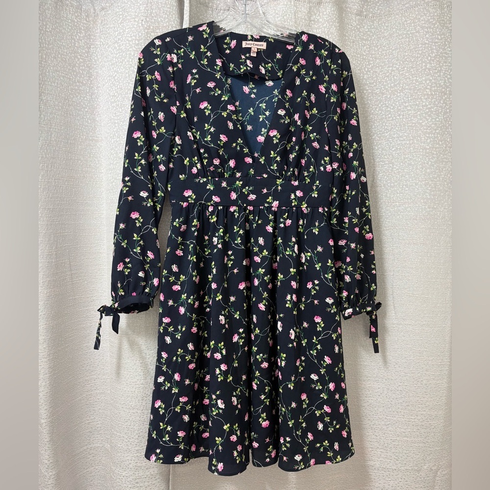 Juicy Couture Women’s Blue Dress with Pink Floral Size 2 Preppy, Y2K Babydoll